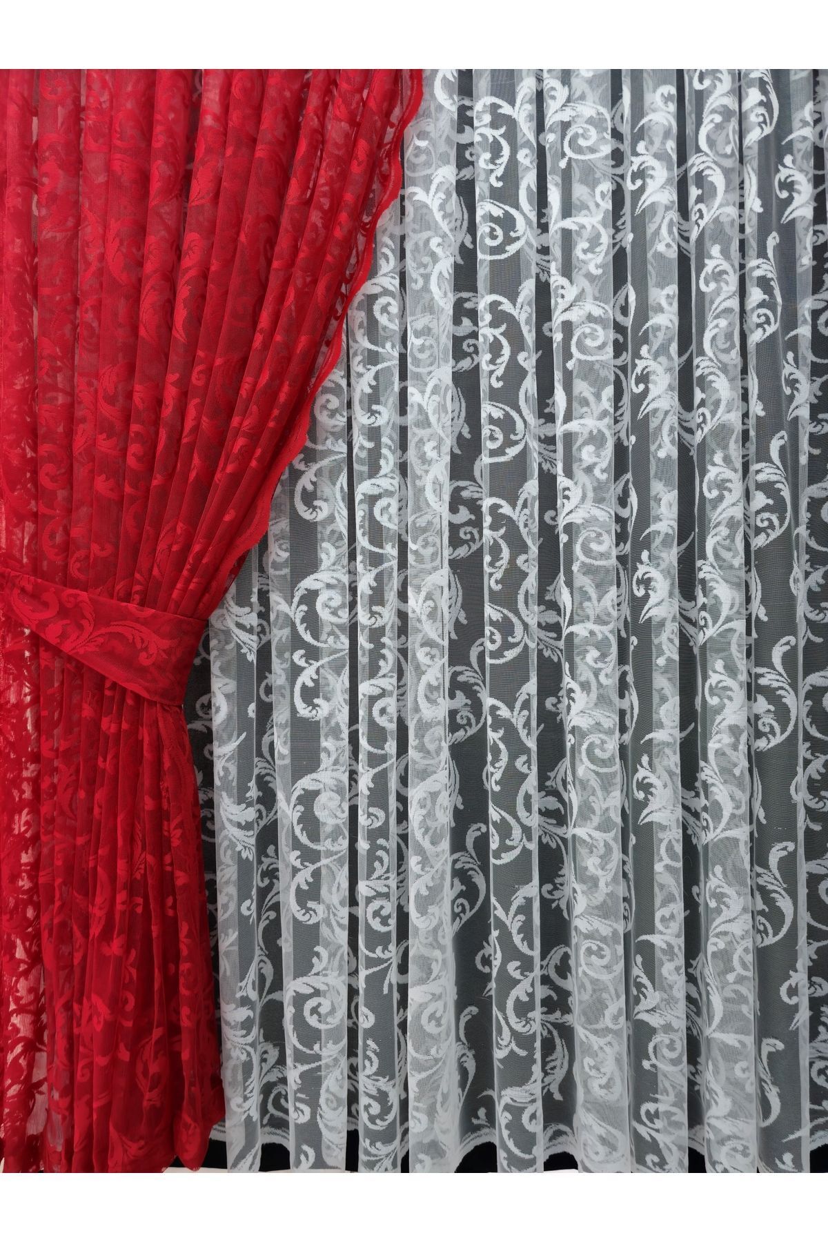 Art Perde-Red Ivy Patterned Tulle Background Curtain - Model with 2 Wings and Laces 3