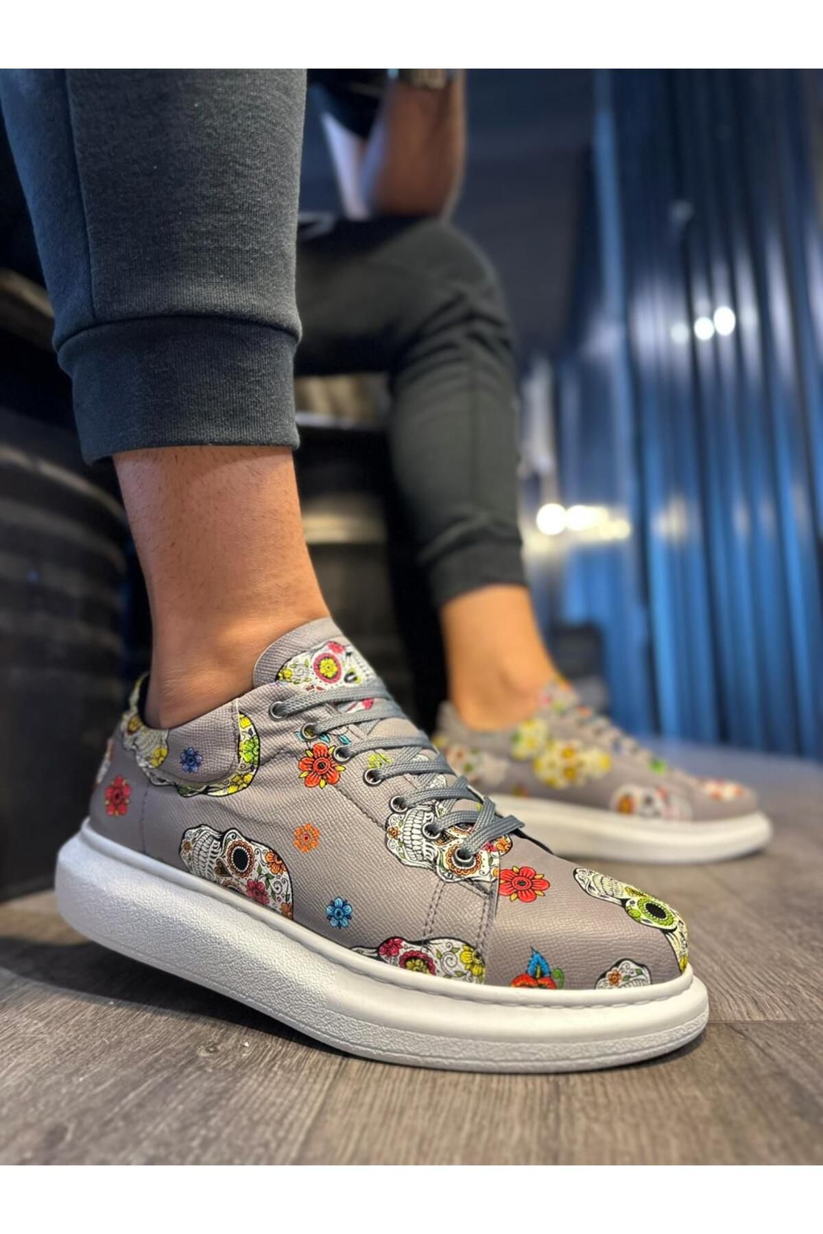 BZ Moda B046 Pantofi Pentru Bărbați Cu Talpă Ortopedică Și Imprimeu Cu Craniu - Gri Masculin - 40