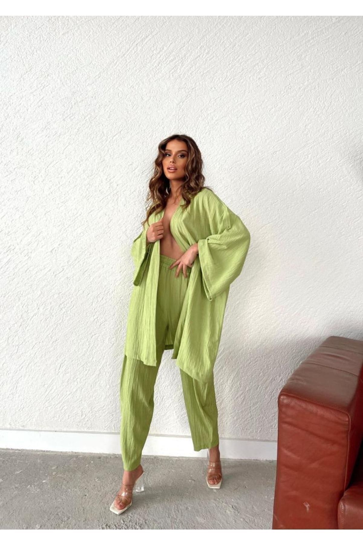 Genel Markalar Fıstık Yeşili Gofre Kimono Alt-üst Takım - Fiyatı