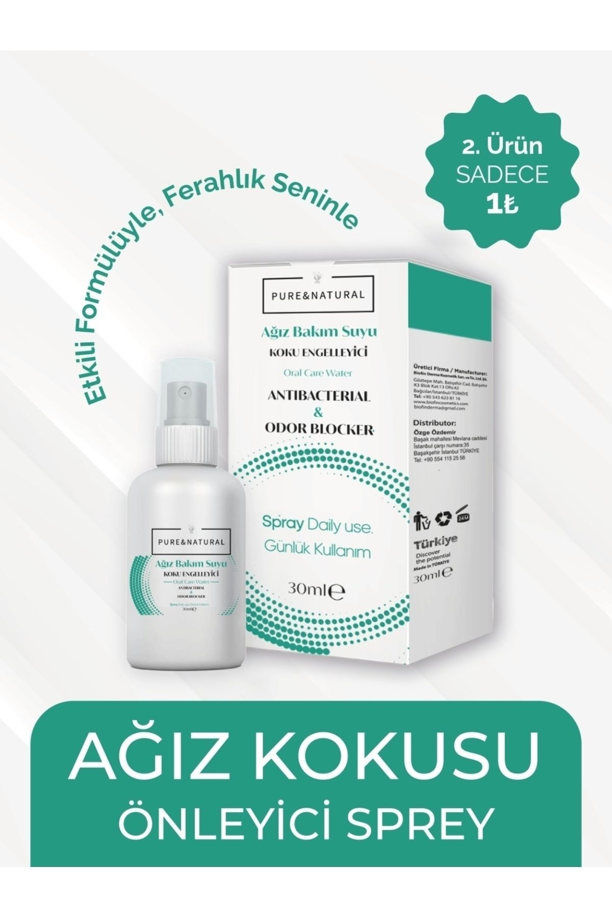 PureandNatural Ağız Kokusu Önleyici Sprey, Alkolsüz Formül 30 ml