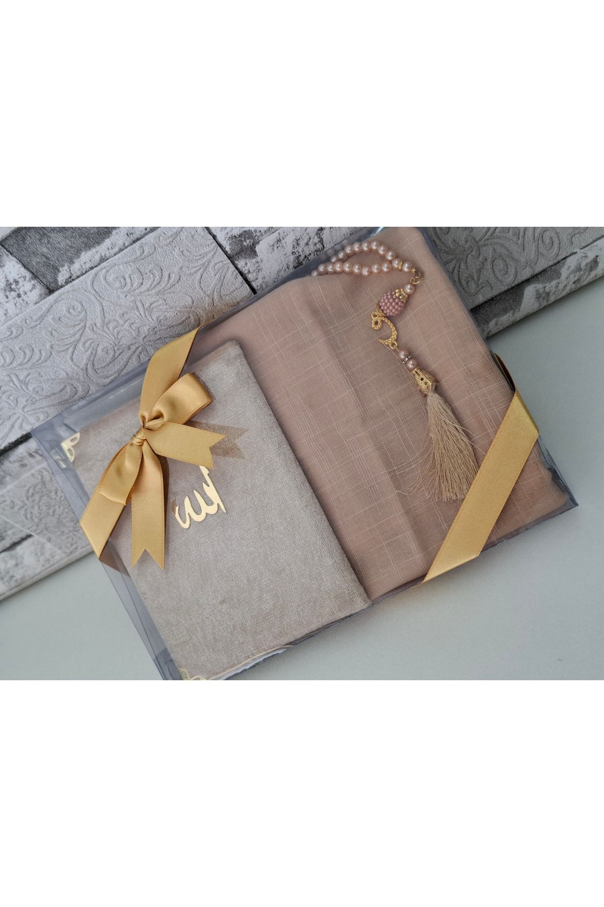 Gift Velvet Coated Yasin Flamed Scarf Head Cover Set Pearl Rosary Mevlid Set Bridal Bundle Set