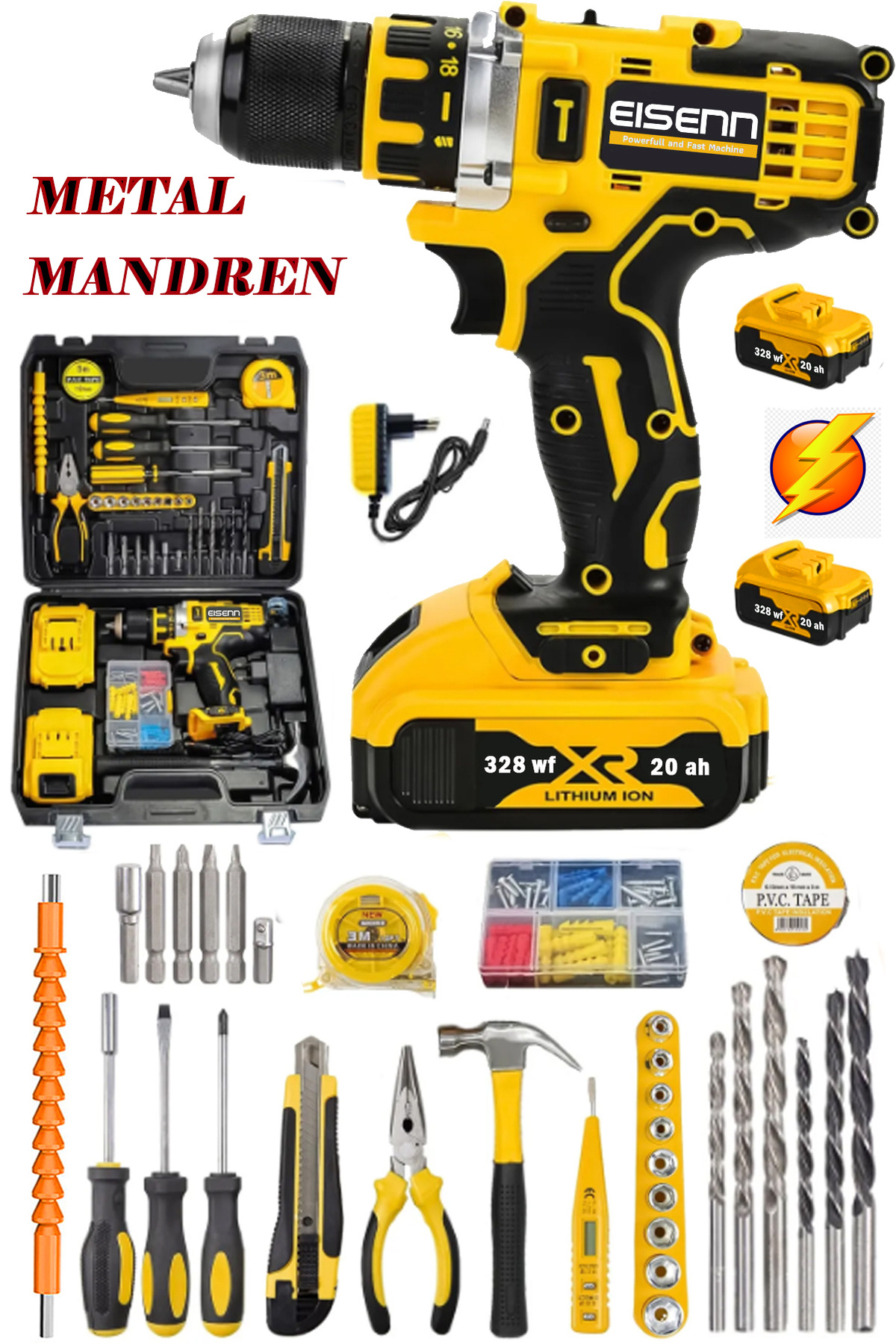 Eisenn Alman 2 Akülü Turbo Vidalama Matkap 328 Vf 20 Ah Çelik Mandren Hiper Teknoloji 100 Parça Mega Set