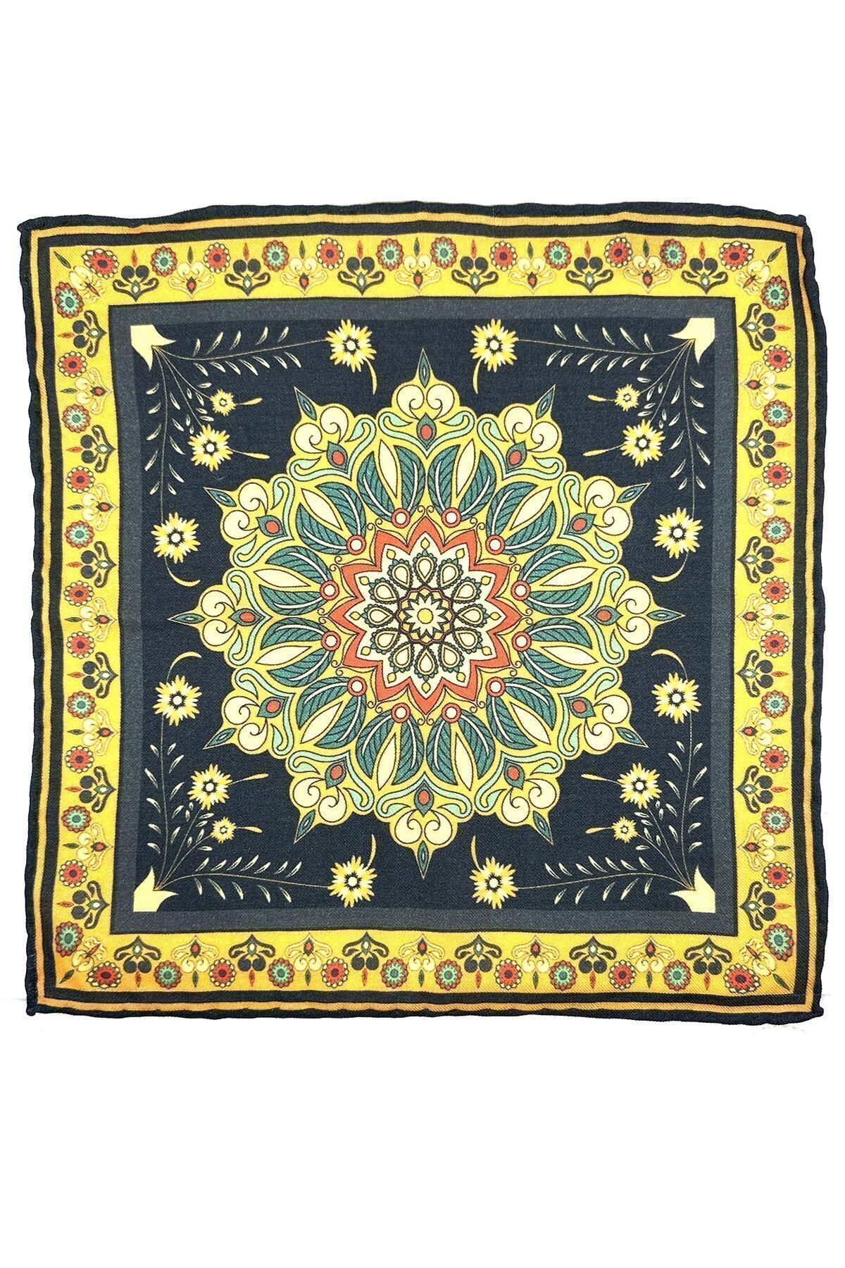  دستمال جیبی پشمی ایتالیایی دست دوز زرد سرمه‌ای WL10