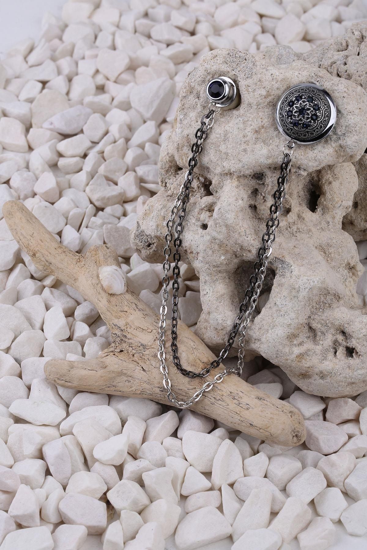  سنجاق یقه کت نقره‌ای رنگ با سنگ‌های مشکی Yı335