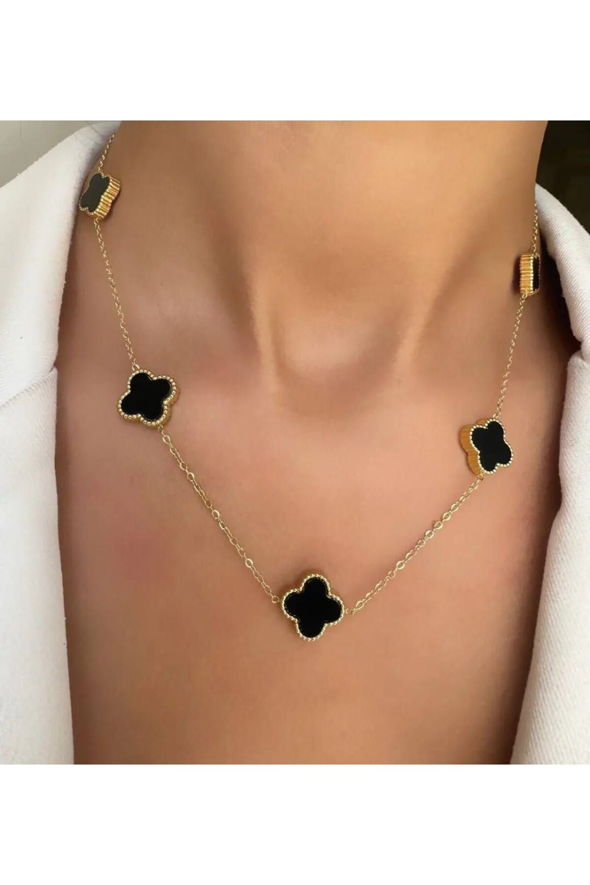Kadın Gold Çelik Trend Siyah Yonca Kolye ve Bileklik Set 2