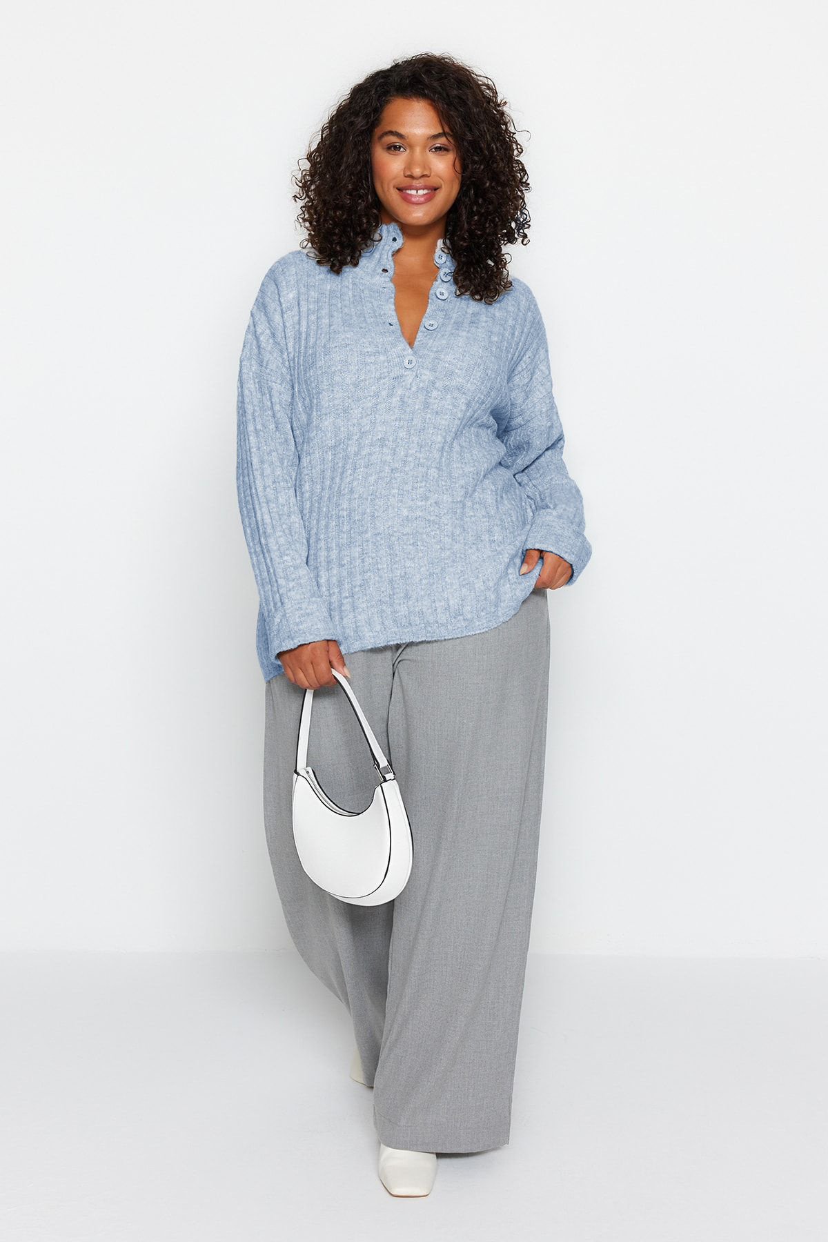 Trendyol Curve-Ribbed Baby Blue Knitwear Sweater - Buttoned TBBAW24AN00045 4