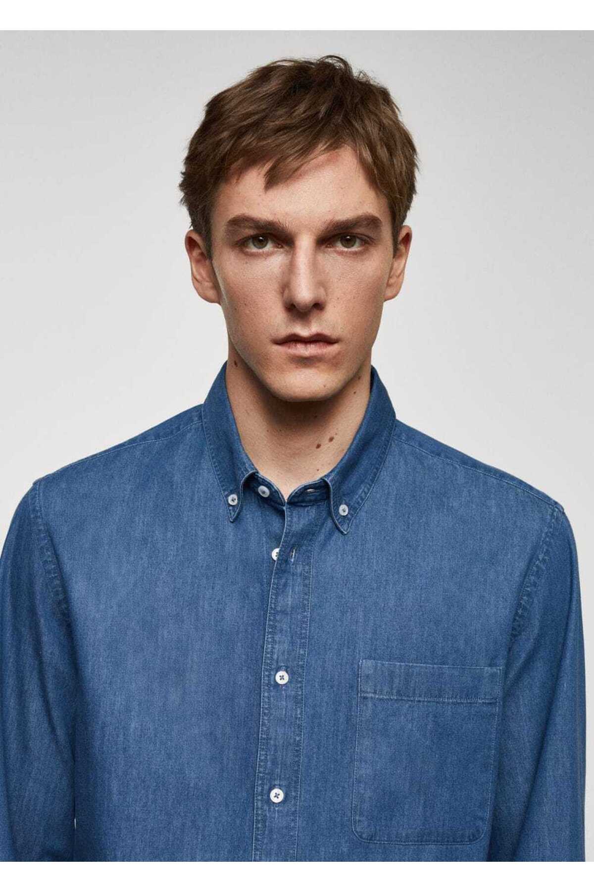 پیراهن مردانه آبی MANGO Man | 67060638 اورجینال - تصویر 6