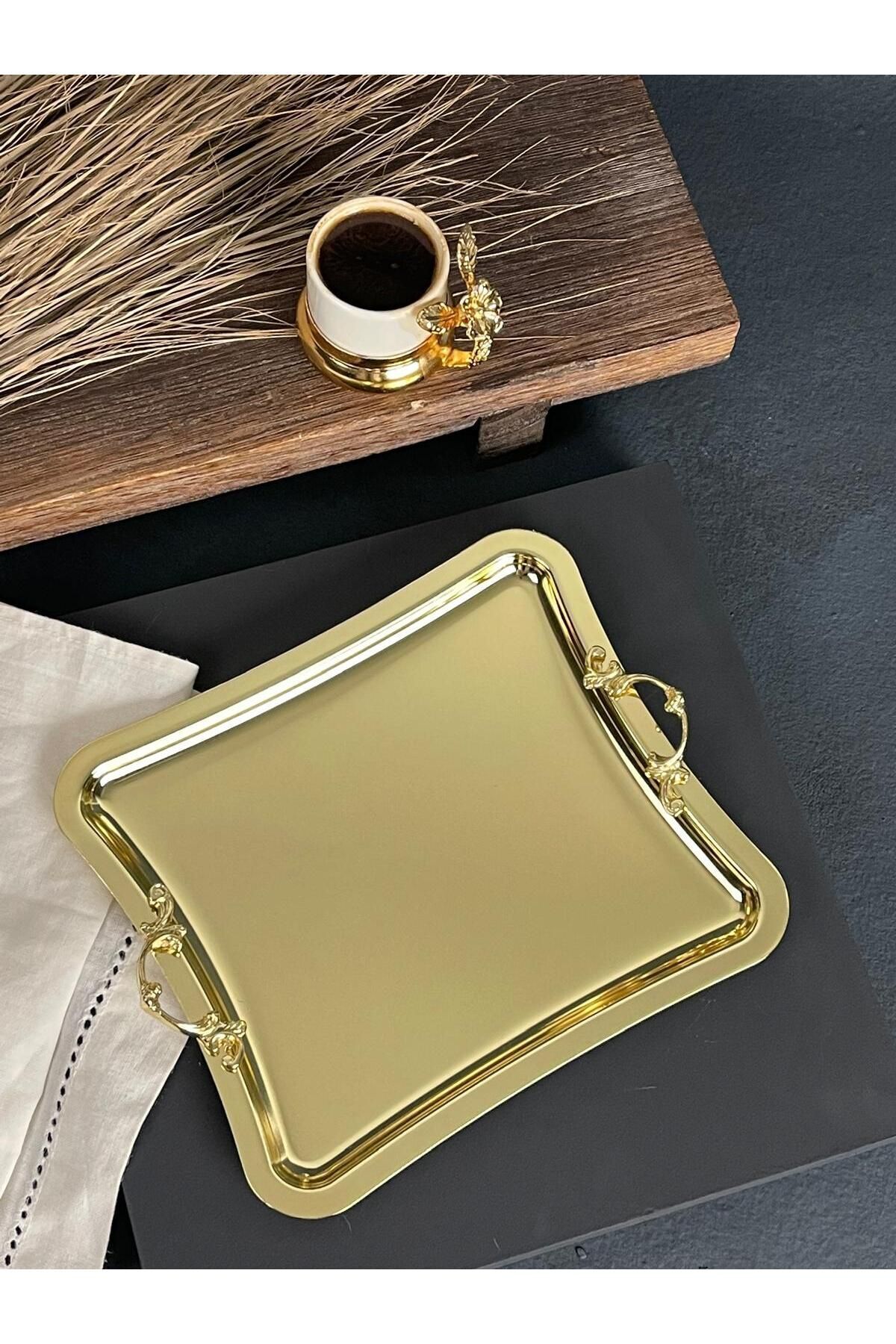 EVSTYLE Kare Gold Sunum Tepsi ( Titanyum Kaplama )- Kavisli Kenar