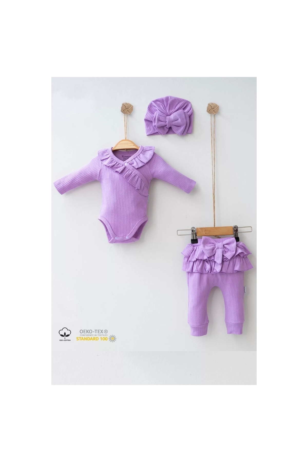 Ruffle Detailed Bow Bonnet 100% Cotton Baby Girl Set