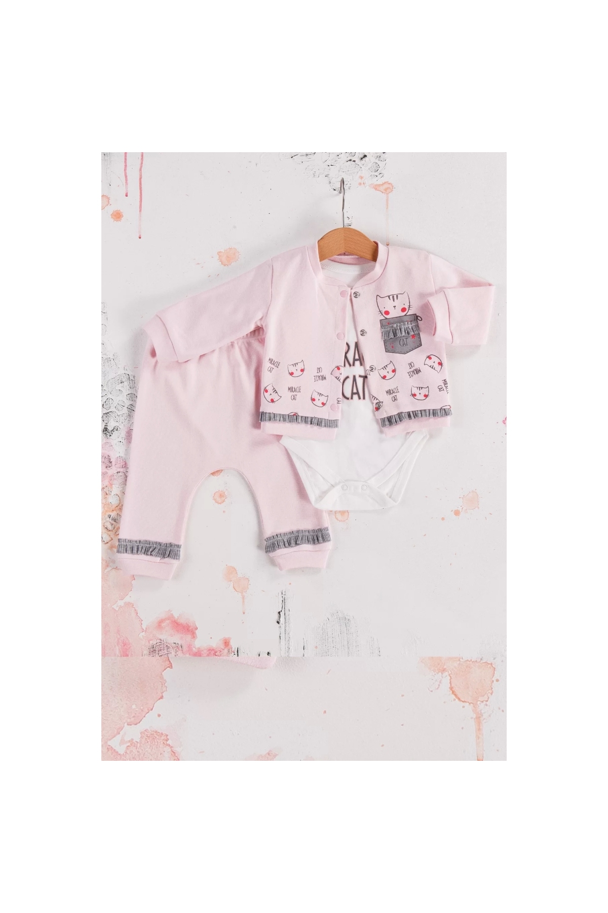 Cat Patterned 3-Piece Cardigan Baby Girl Set