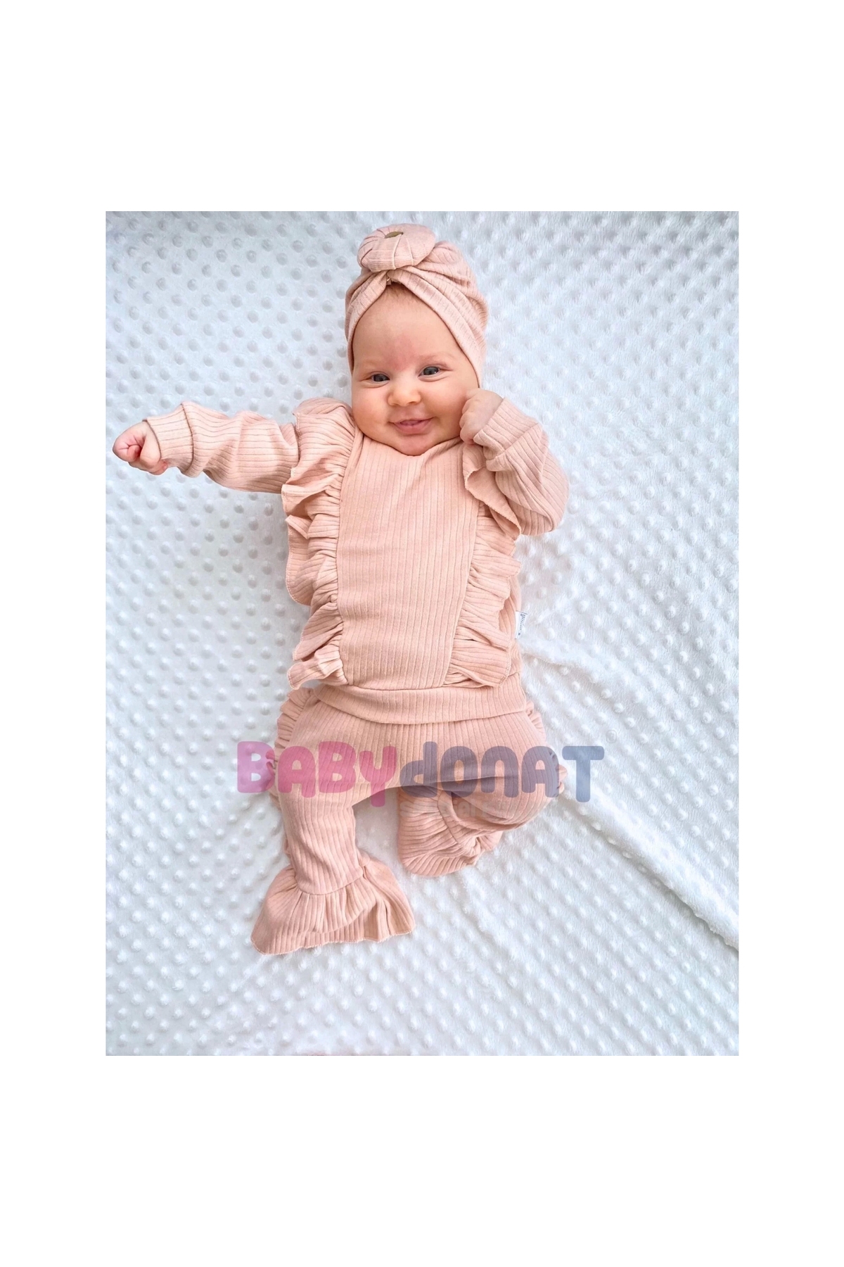 3-Piece 100% Cotton Baby Girl Set with Bonnet and Ruffle Detail on the Shoulder