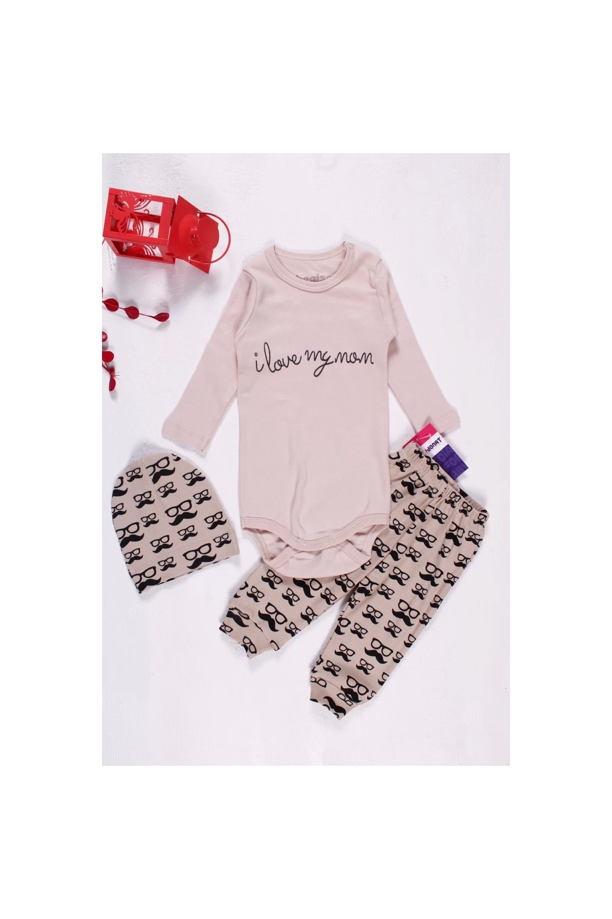 Mustache Glasses Patterned 3-Piece Baby Boy Set