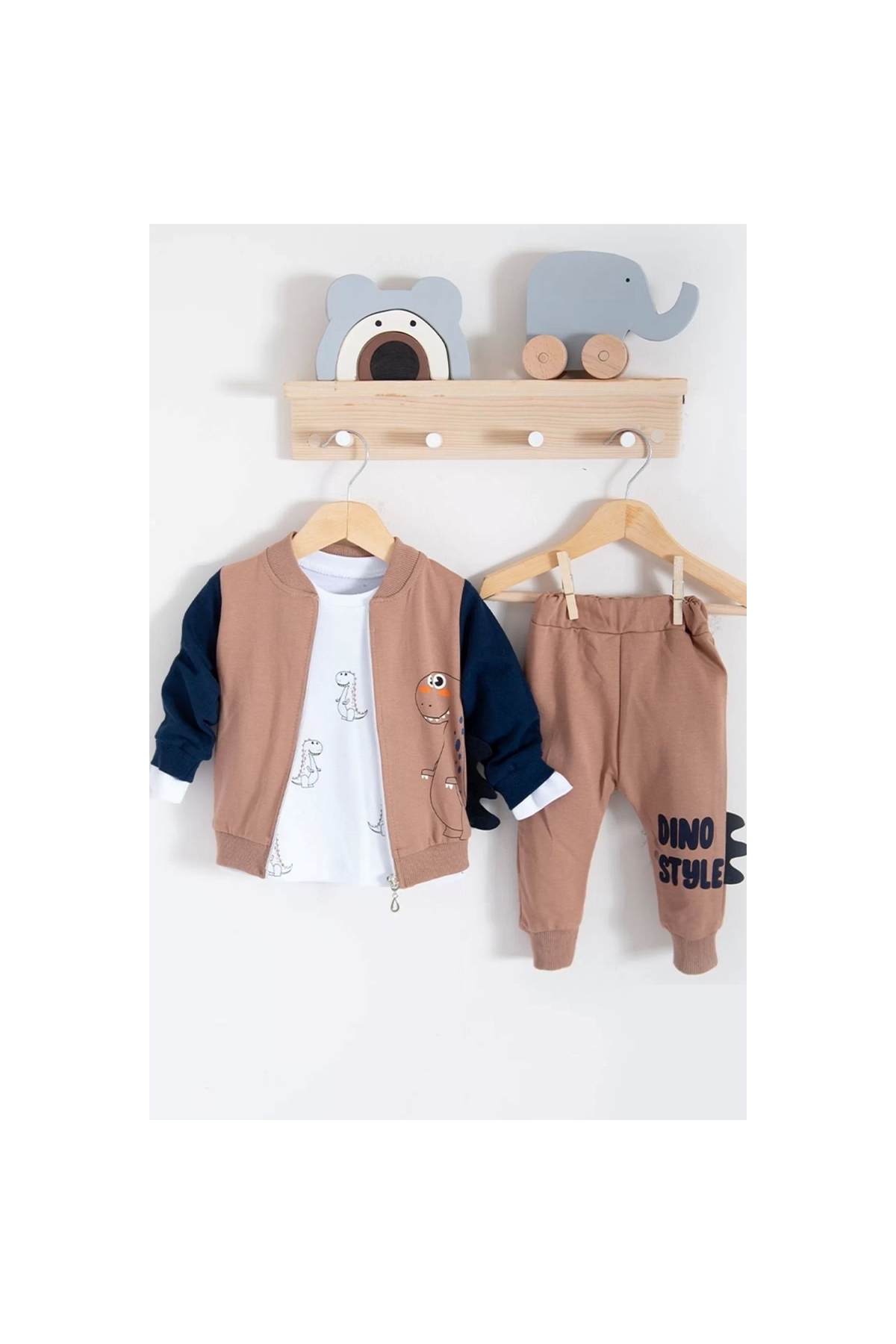 Dinosaur Patterned Cardigan 3-Piece Baby Boy Set