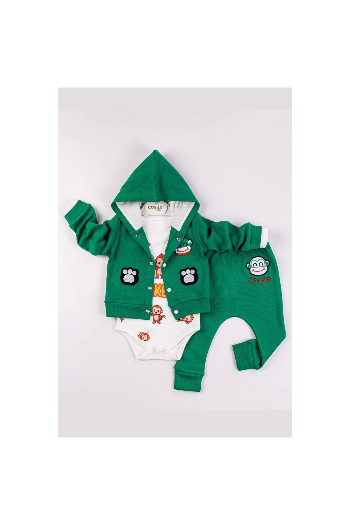 Monkey Embroidered Hooded Baby Boy Suit