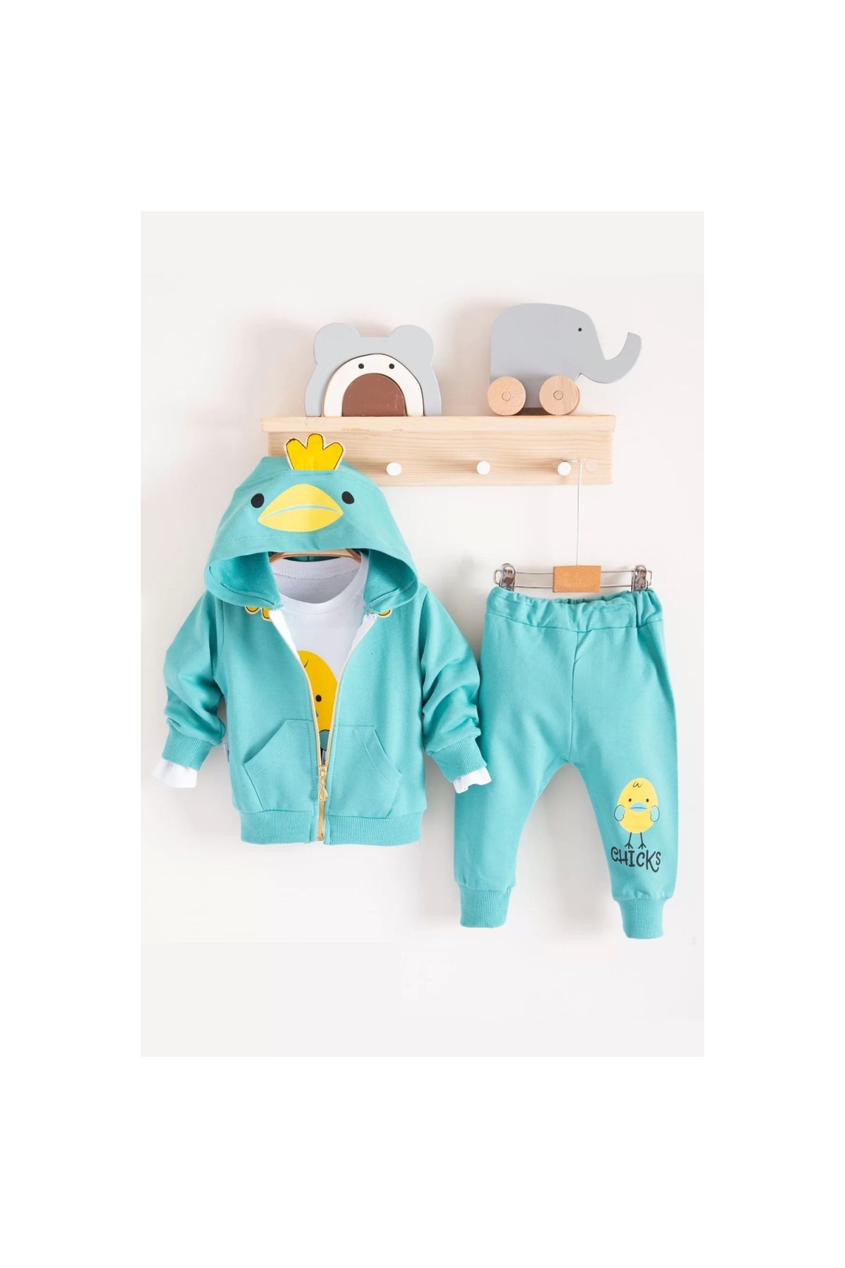 Chick Patterned Hooded 3-Piece Baby Boy Set