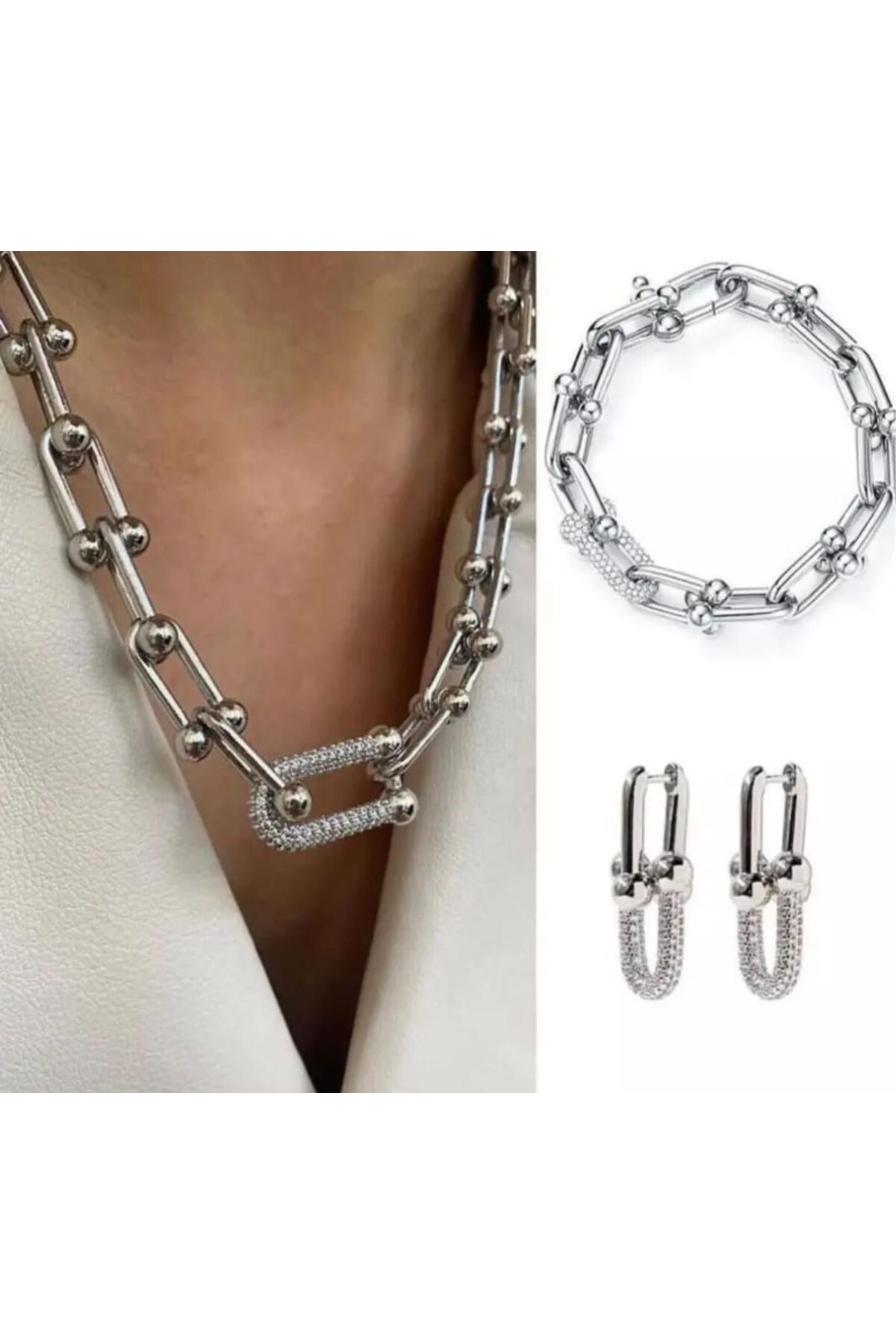 şira sirius Kadın Zirkon Taşlı Gümüş Renk Marka Model Tiff CO Kolye Bileklik ve Küpe Set