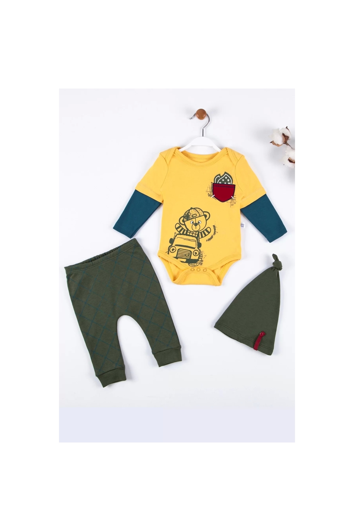 Pocket Embroidered Bear Pattern 3-Piece 100% Cotton Men's Suit