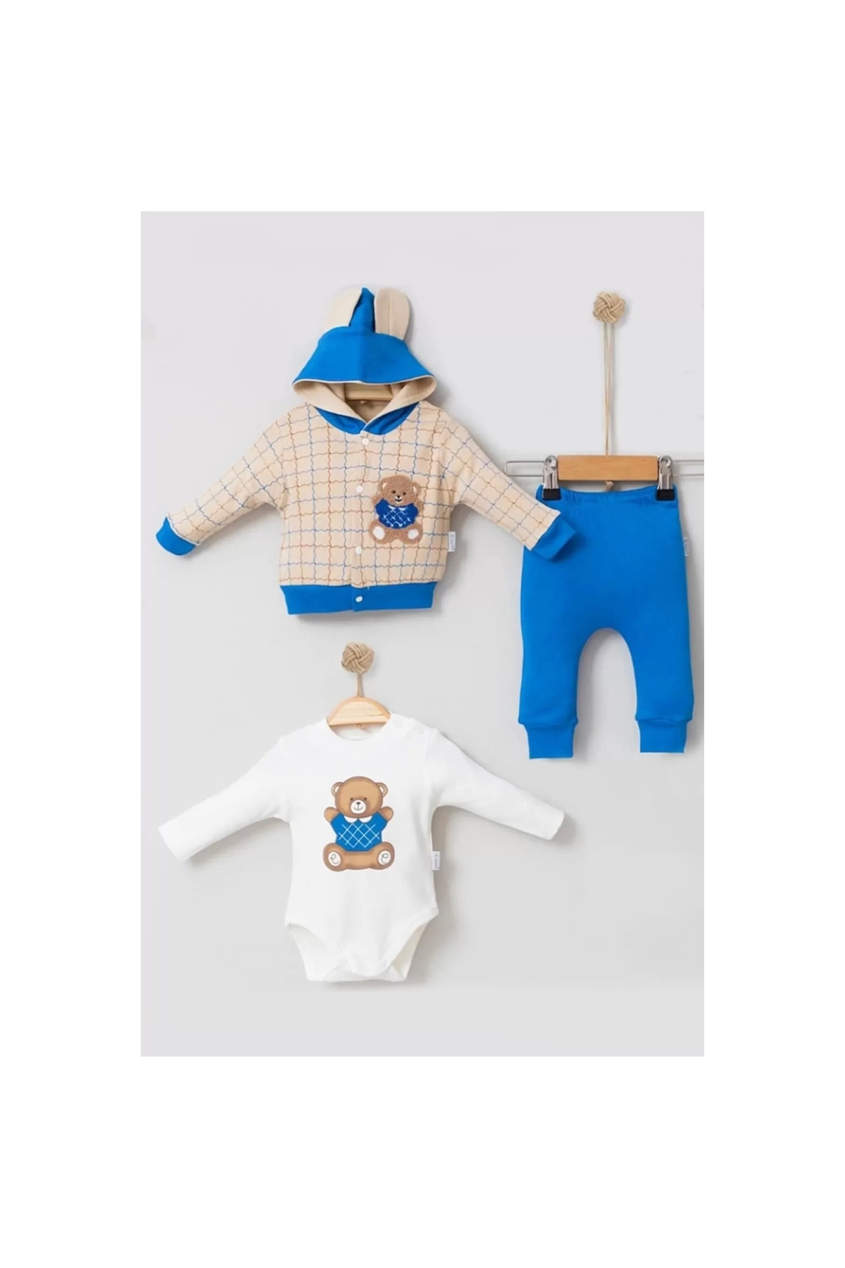 Bear Striped 100% Cotton Cardigan 3-Piece Baby Set
