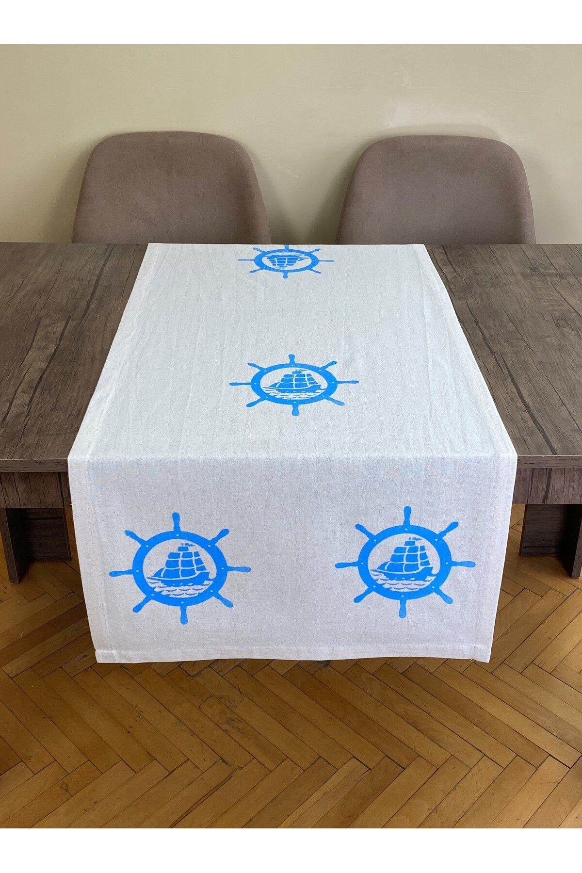 pamukidea-Rudder Patterned Runner Board Printed Stone Print Buldan Linen Cloth Fireplace Ranir Tablecloth Boat Wheel 5