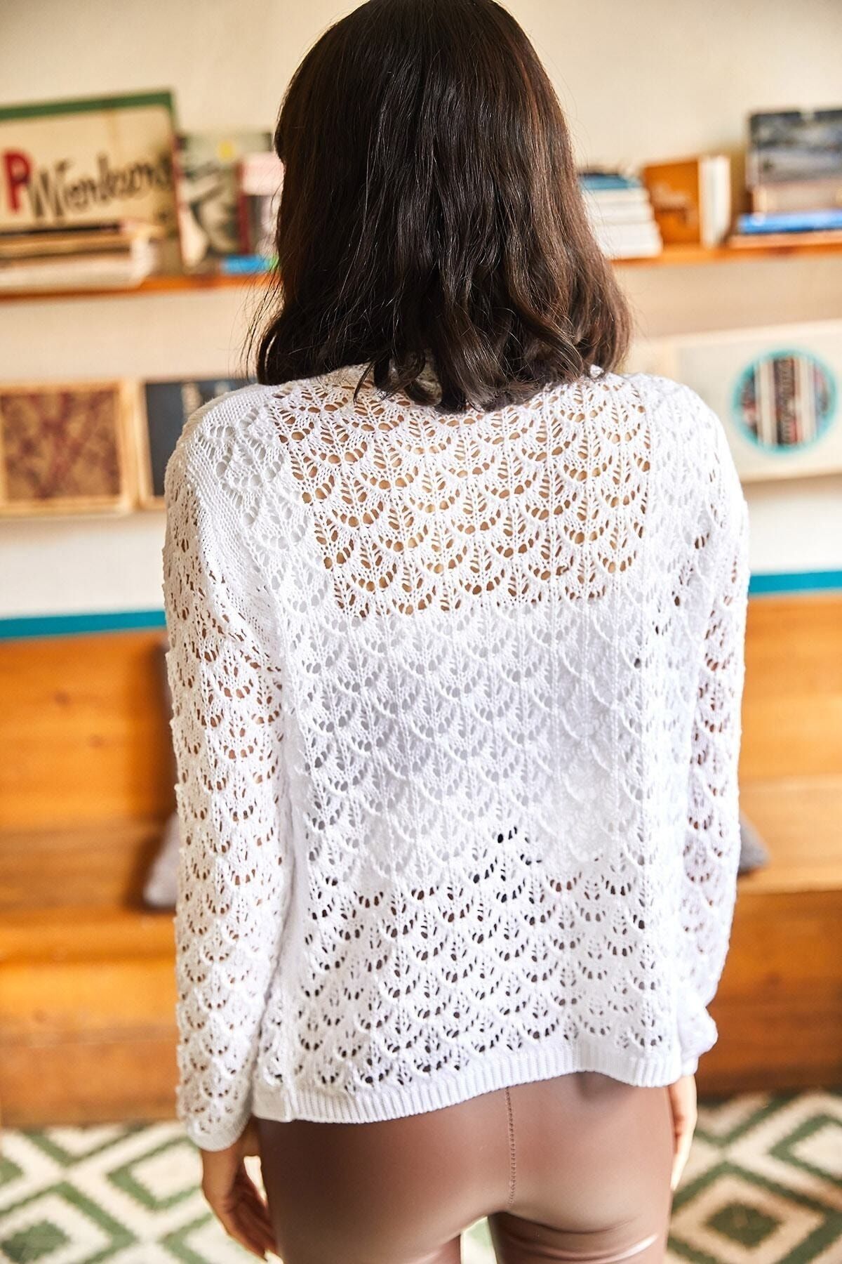 laughs  Kadın Beyaz Ajurlu Triko Mevsimlik Hırka Hrk1453 - Görsel 4