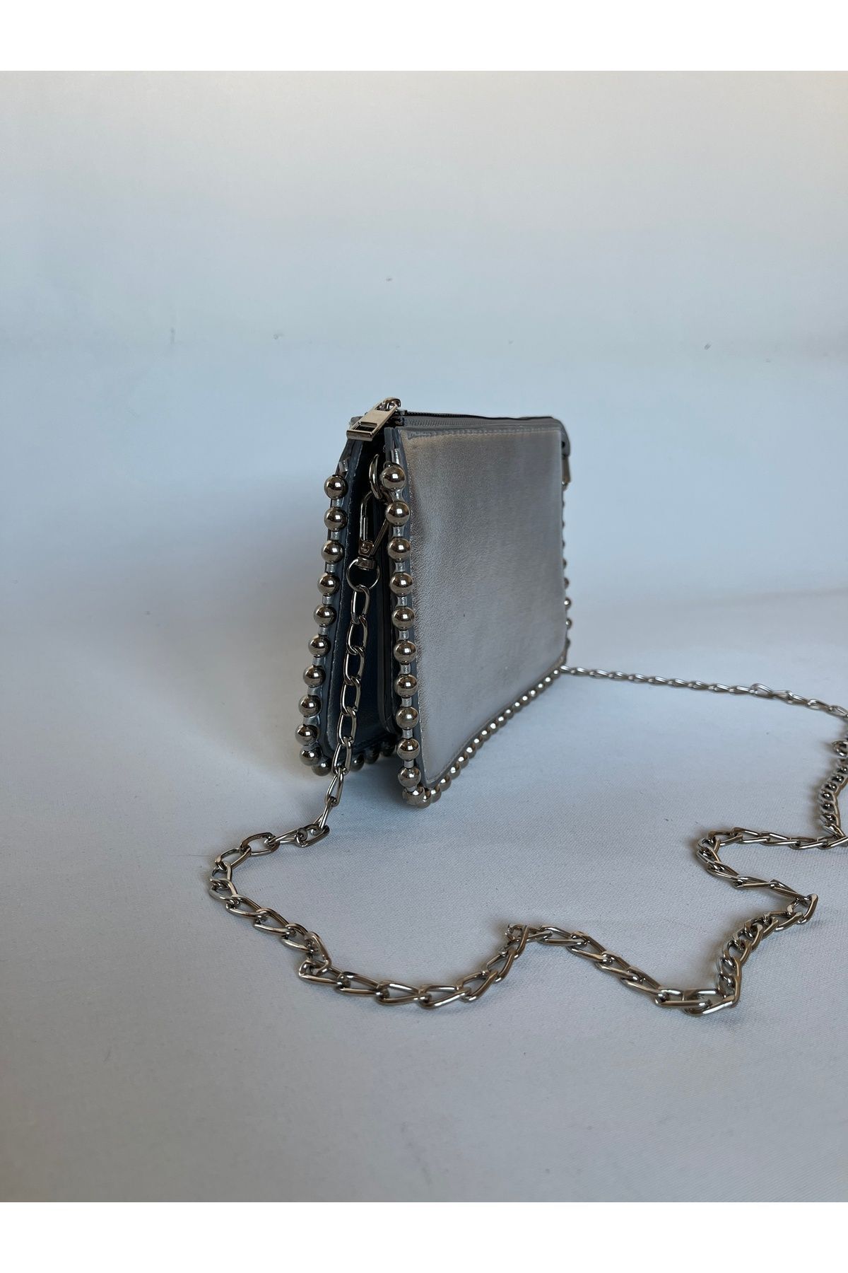 melecco-Silver Metal Studded Faux Leather Women's Wallet Bag - Equivalent Detailed, Versatile, Crossbody 3