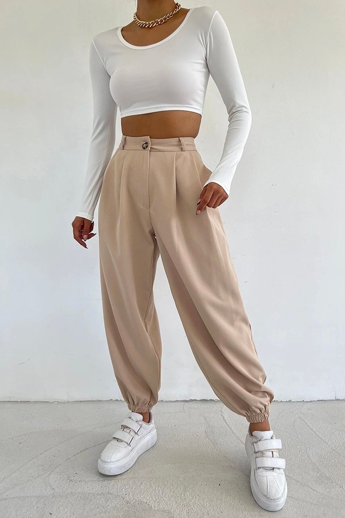 PALAZZO Beige Jogger Pants Masculine Legs with Elastics Trendyol