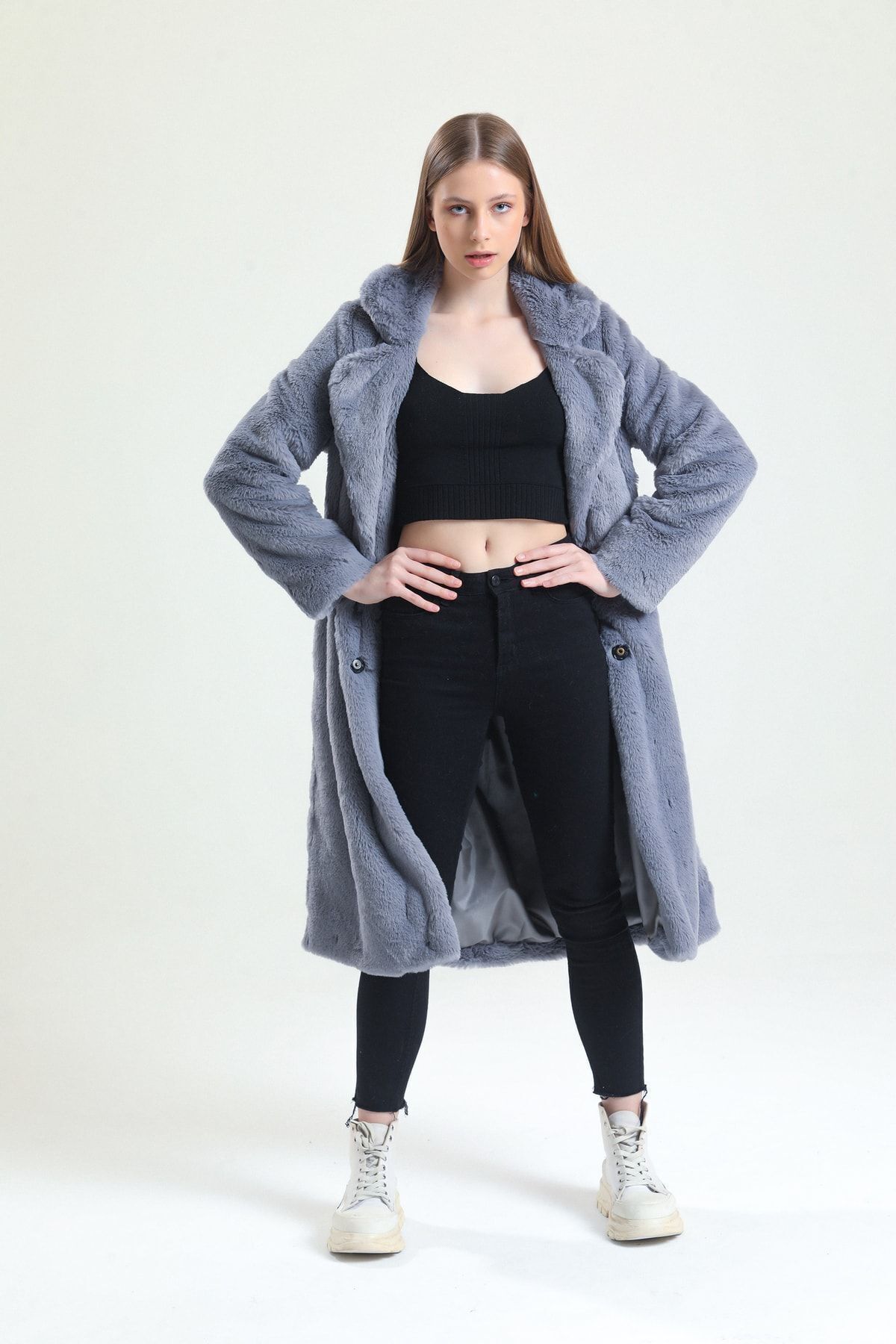 KürkZone  Kadın Porpoise Grisi Ingiliz Yaka Mavi Rex Kürk Peluş Manto - Görsel 3