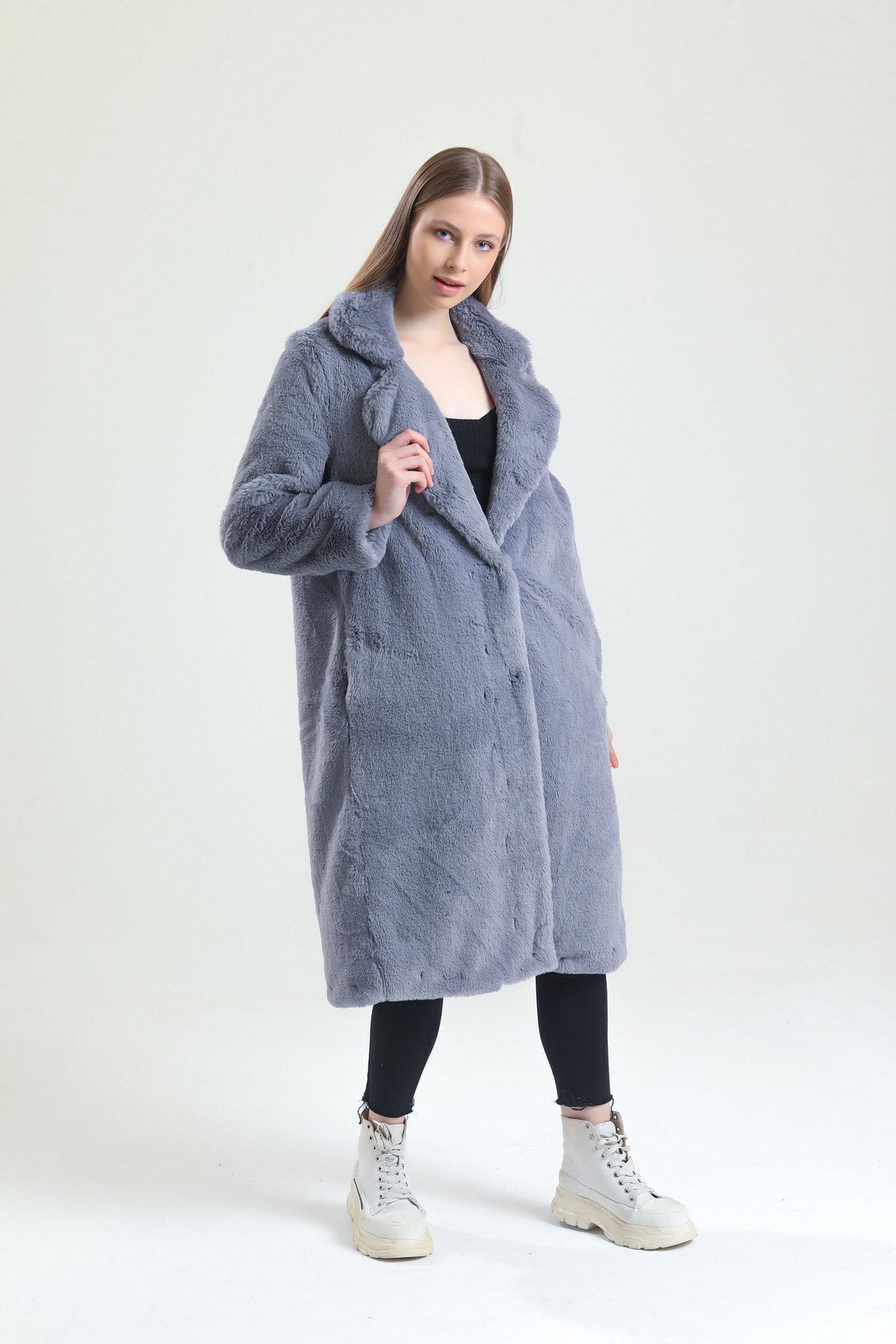 KürkZone  Kadın Porpoise Grisi Ingiliz Yaka Mavi Rex Kürk Peluş Manto - Görsel 2