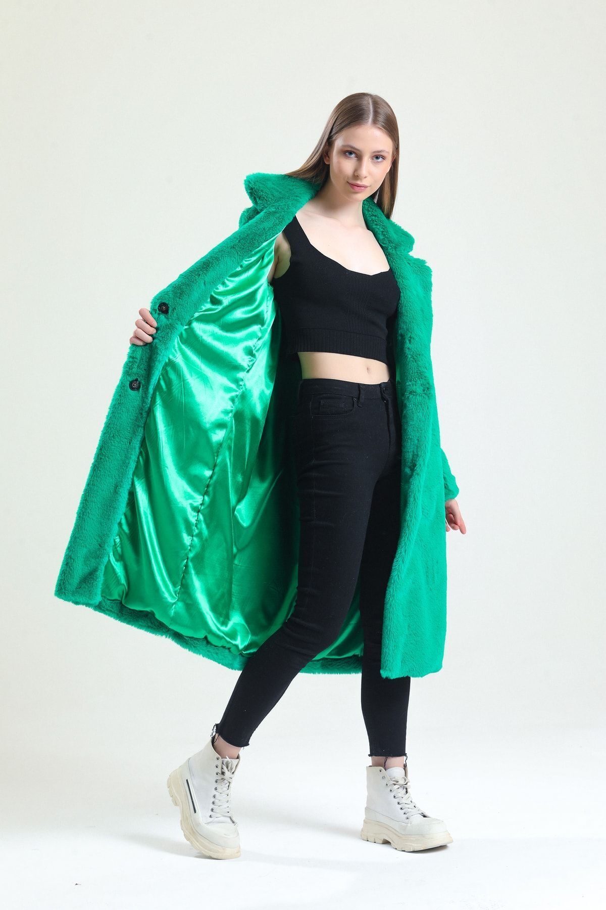 KürkZone  Kadın Yeşil Ingiliz Yaka Mavi Rex Kürk Peluş Manto - Görsel 3