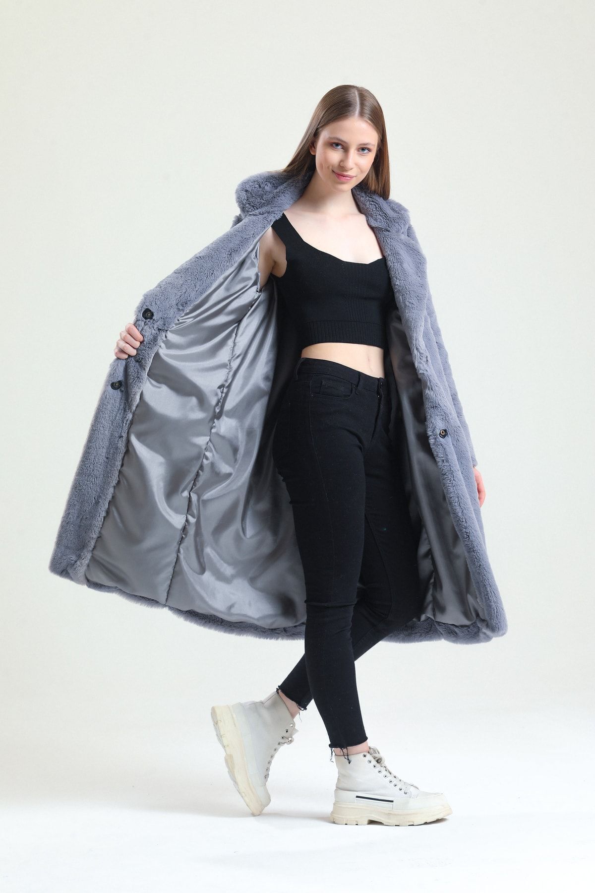 KürkZone  Kadın Porpoise Grisi Ingiliz Yaka Mavi Rex Kürk Peluş Manto - Görsel 5