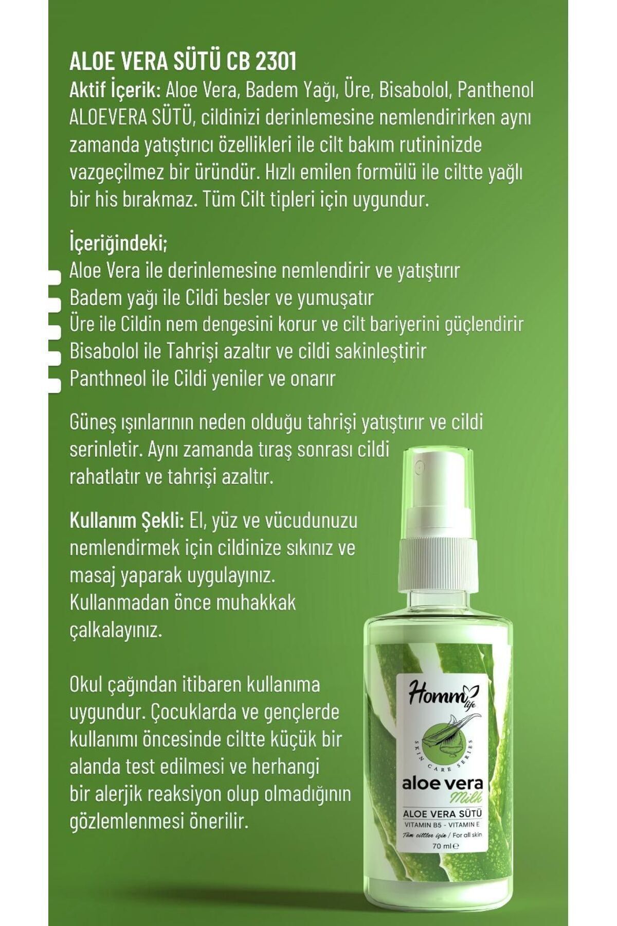 Homm Bitkisel-Aloe Vera Milk - Vitamin B5 and E, for All Skin Types, 70 Ml 2