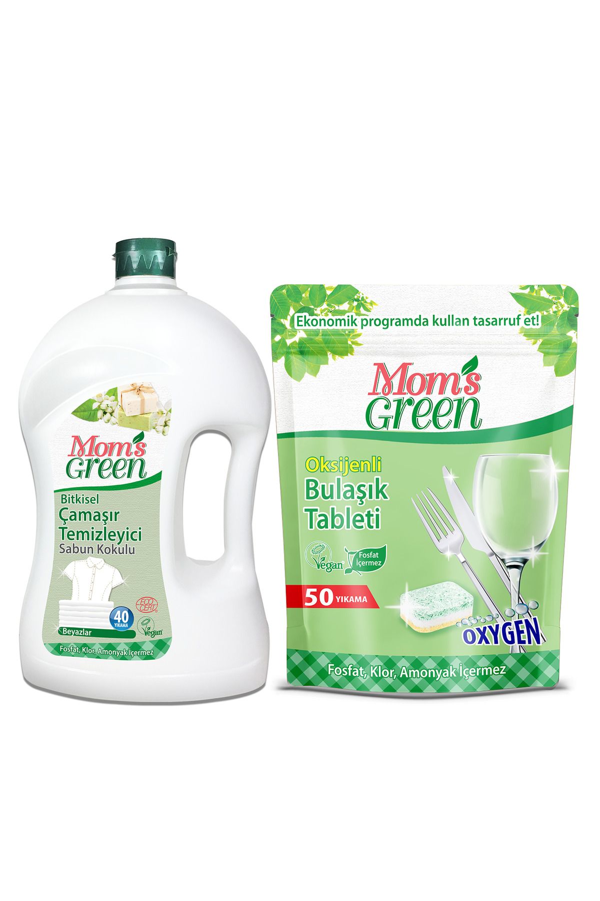 Mom's Green 2'li Set-1500 ml Sabun Kokulu Bitkisel Çamaşır Temizleyici 50'lik Ekolojik Bulaşık Tableti