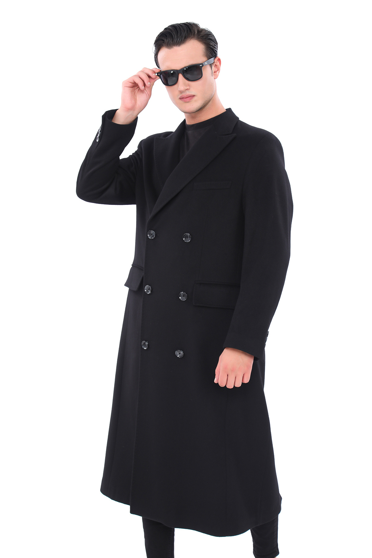 ŞAN GİYİM  4439 Erkek Siyah Kemerli Kruvaze Uzun Palto - Görsel 2