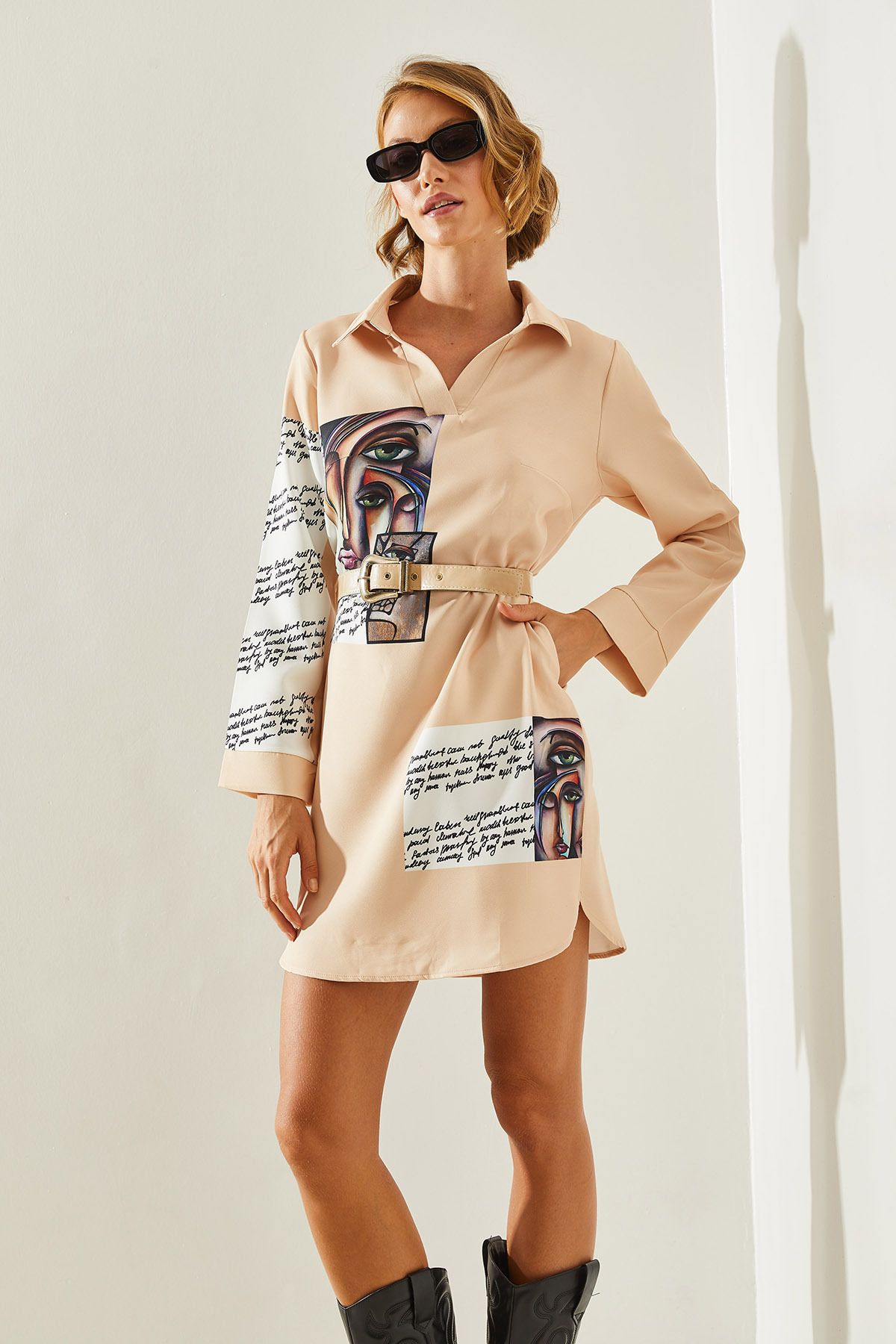 Bianco Lucci-Women's Dress with DiGital Print and Belt - Shirt Collar, Pocket Detail 22241 60251618 4