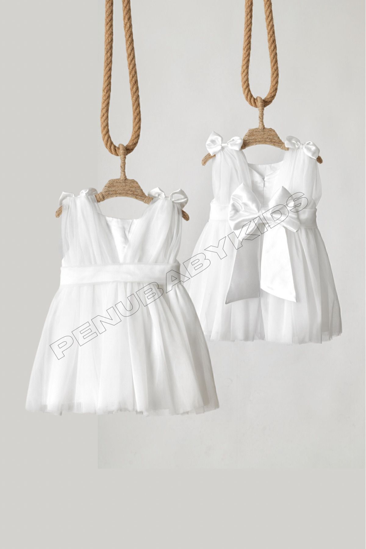 penu baby kids Beyaz Omuzdan Fiyonklu Tül Kız Bebek Elbise - Bow fotoğrafı 5 (önizleme)