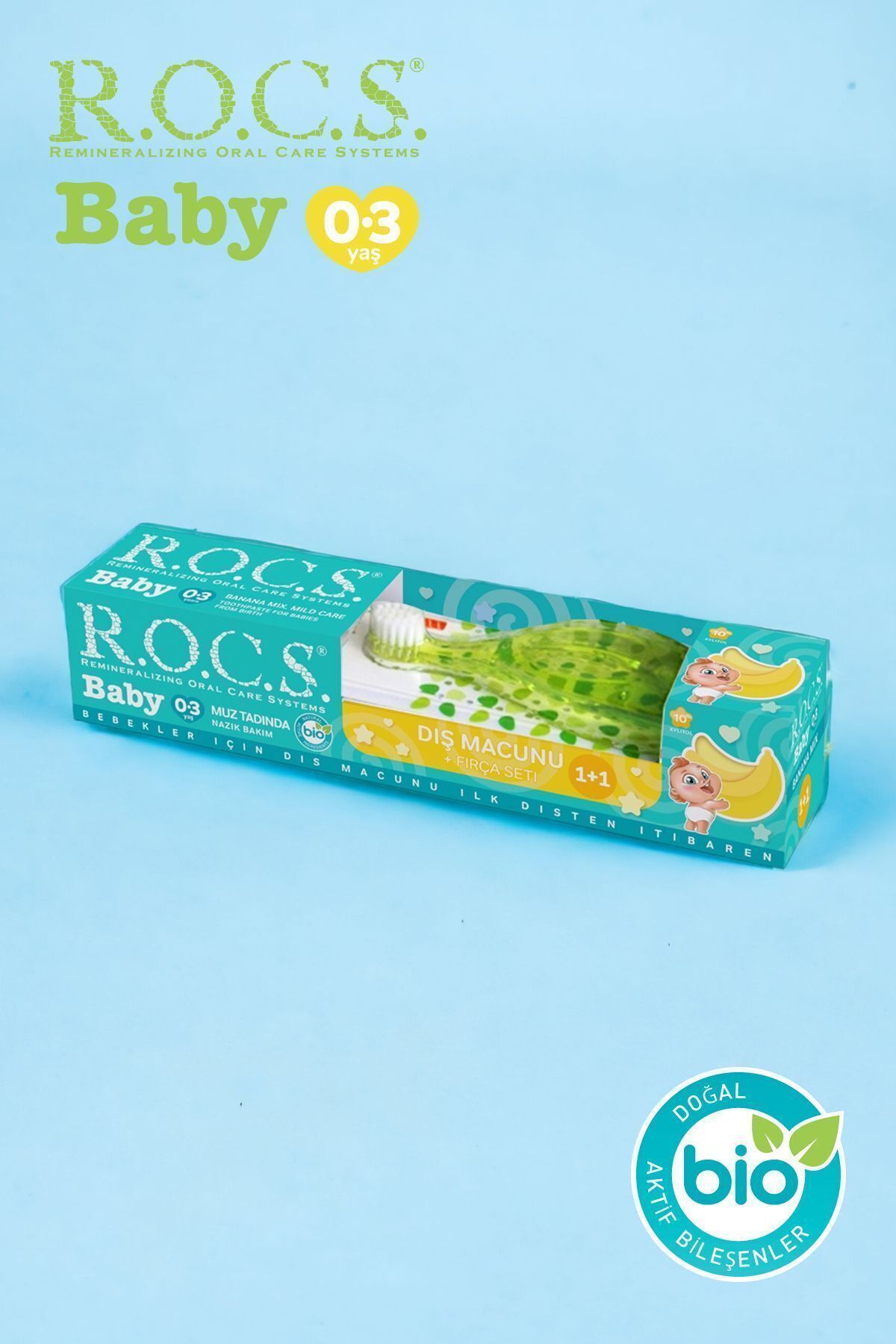 R.O.C.S. Rocs Baby 0-3 Yaş Muz Püresi Tadında Diş Macunu 45g + Diş Fırçası Seti Yeşil
