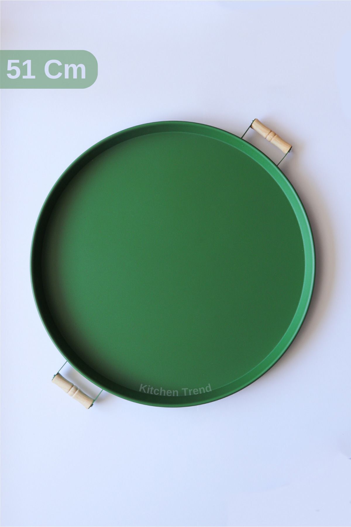 kitchen trend-51 Cm Metal Round Green Tray with Wooden Handles Presentation Tray, Breakfast Tray 2