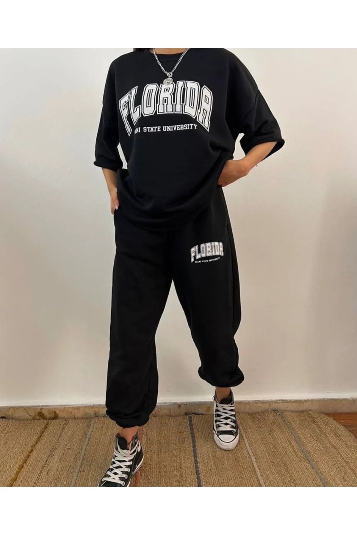 MODARİCH Tricou Pantaloni De Trening Florida - Tricou Negru Jogger Set De Trening De Sus, De Jos, Cu Gât Supradimensionat Unisex - M