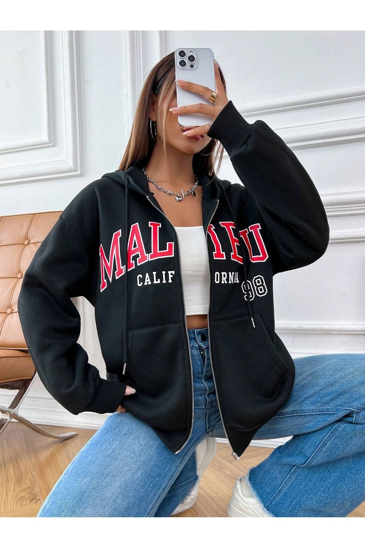 Malibu California 98 Hırka Sweatshirt - Siyah Baskılı Kışlık Oversize Kapüşonlu Fermuarlı Hırka — مشکی MLBCLF98HRK-MR — تصویر 3 از 5