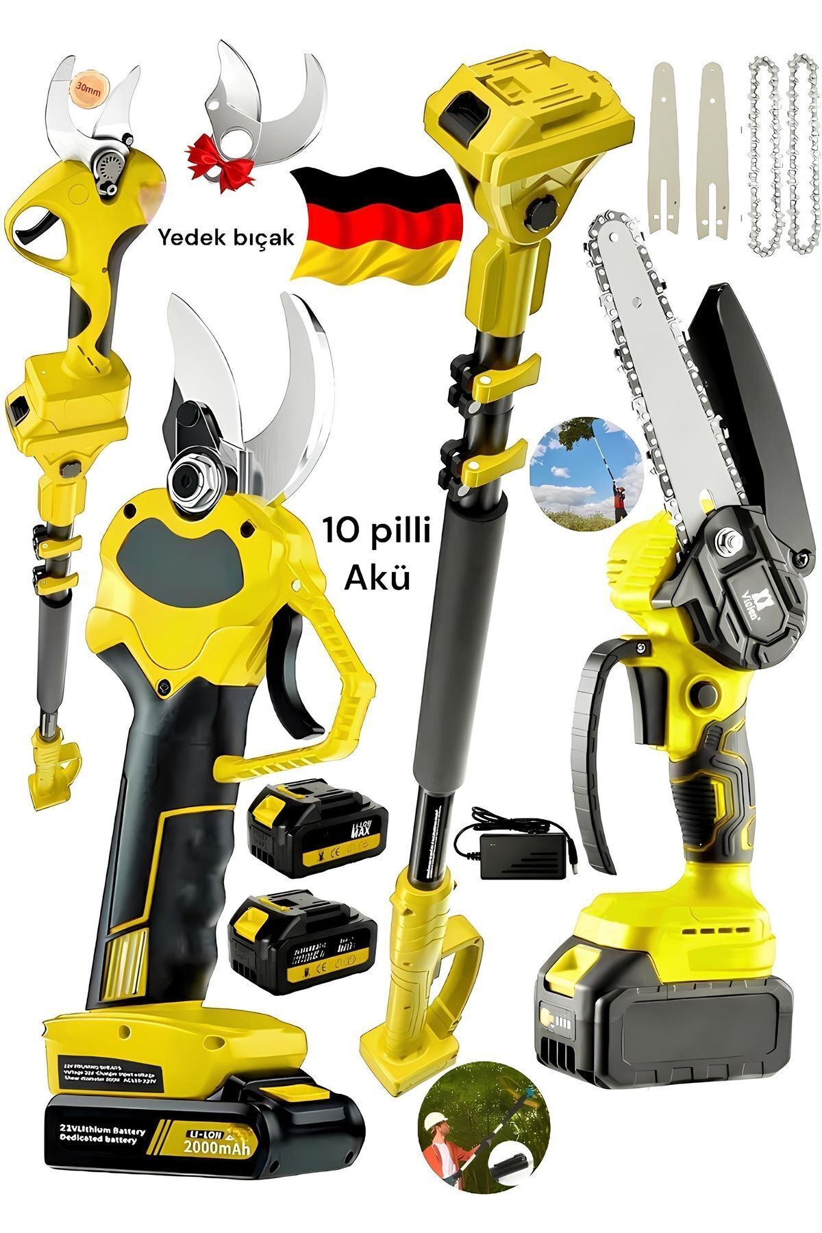 Germany Steel 865vf Şarjlı Teleskopik Uyumlu Dal Budama Makası Zincirli Testere 2 Makina Uyumlu Kol
