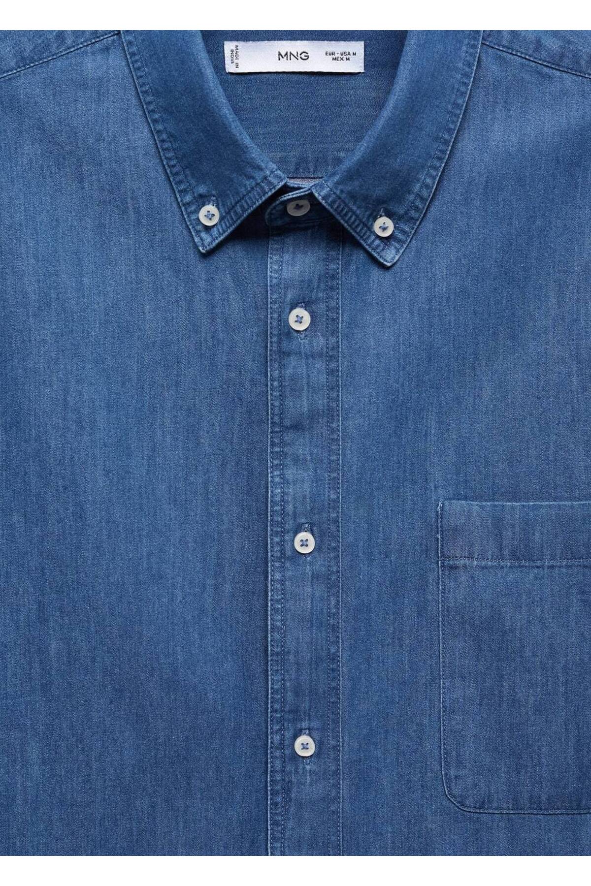 پیراهن مردانه آبی MANGO Man | 67060638 اورجینال - تصویر 7