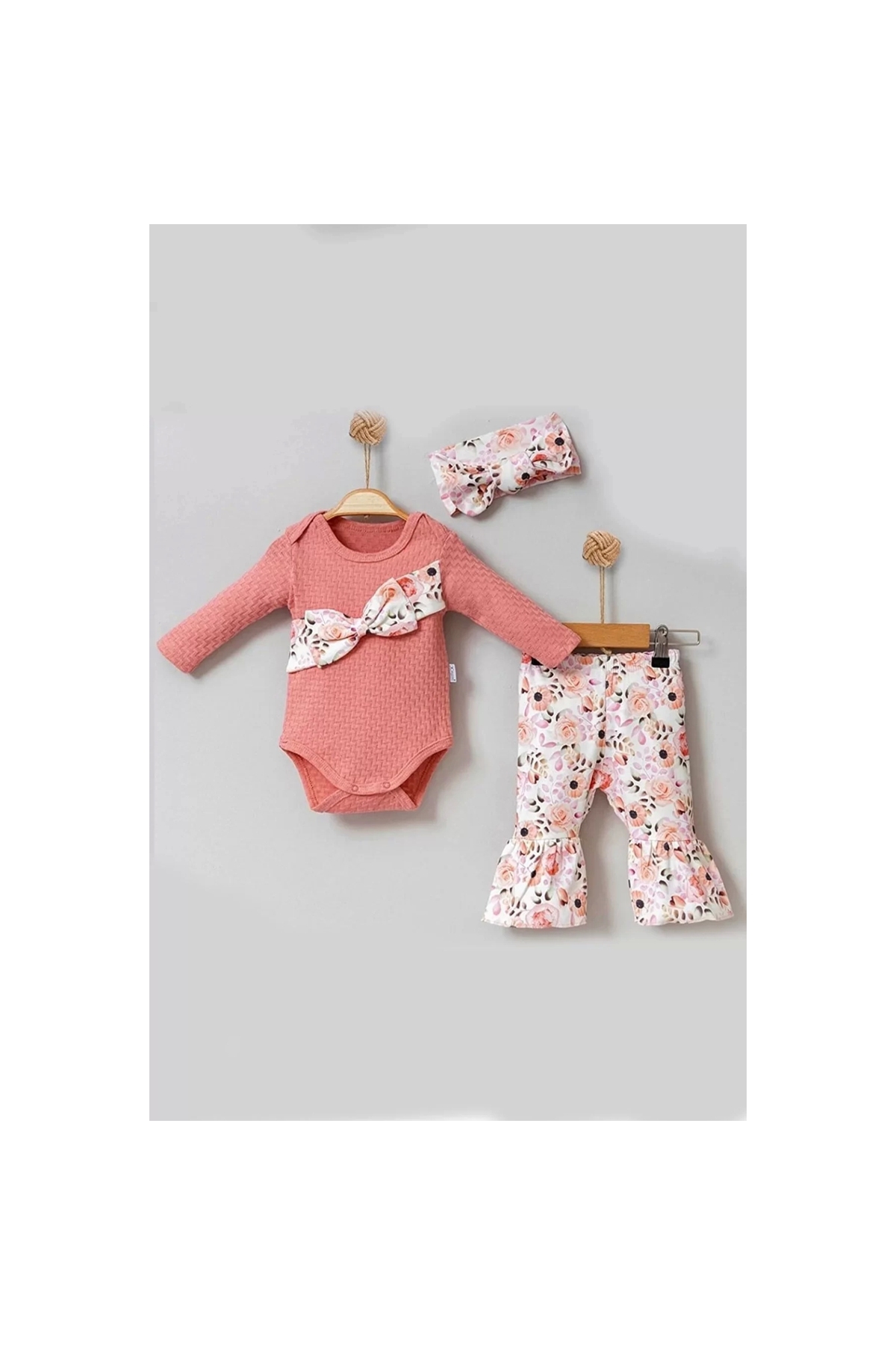 Floral Patterned Bow 3-Piece Baby Girl Set