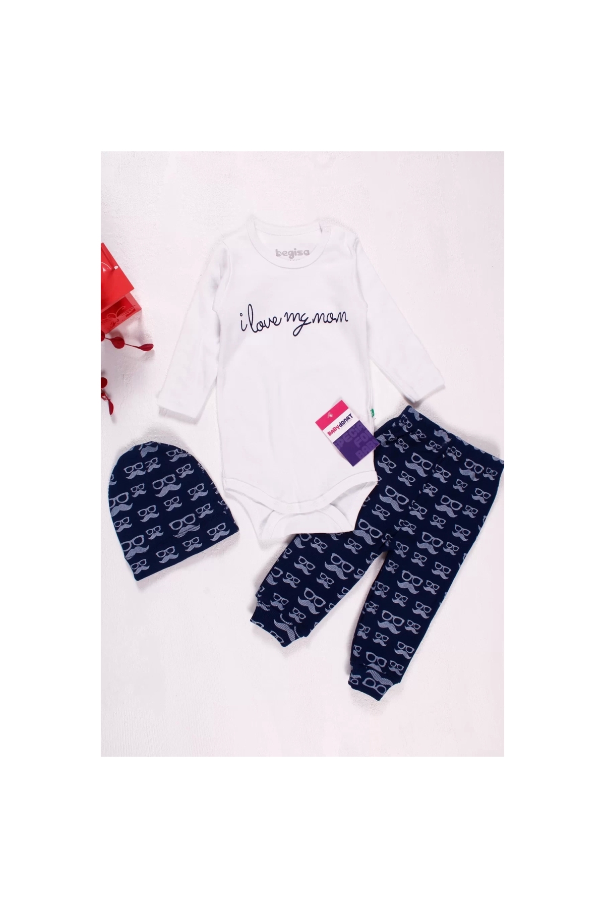 Mustache Glasses Patterned 3-Piece Baby Boy Set