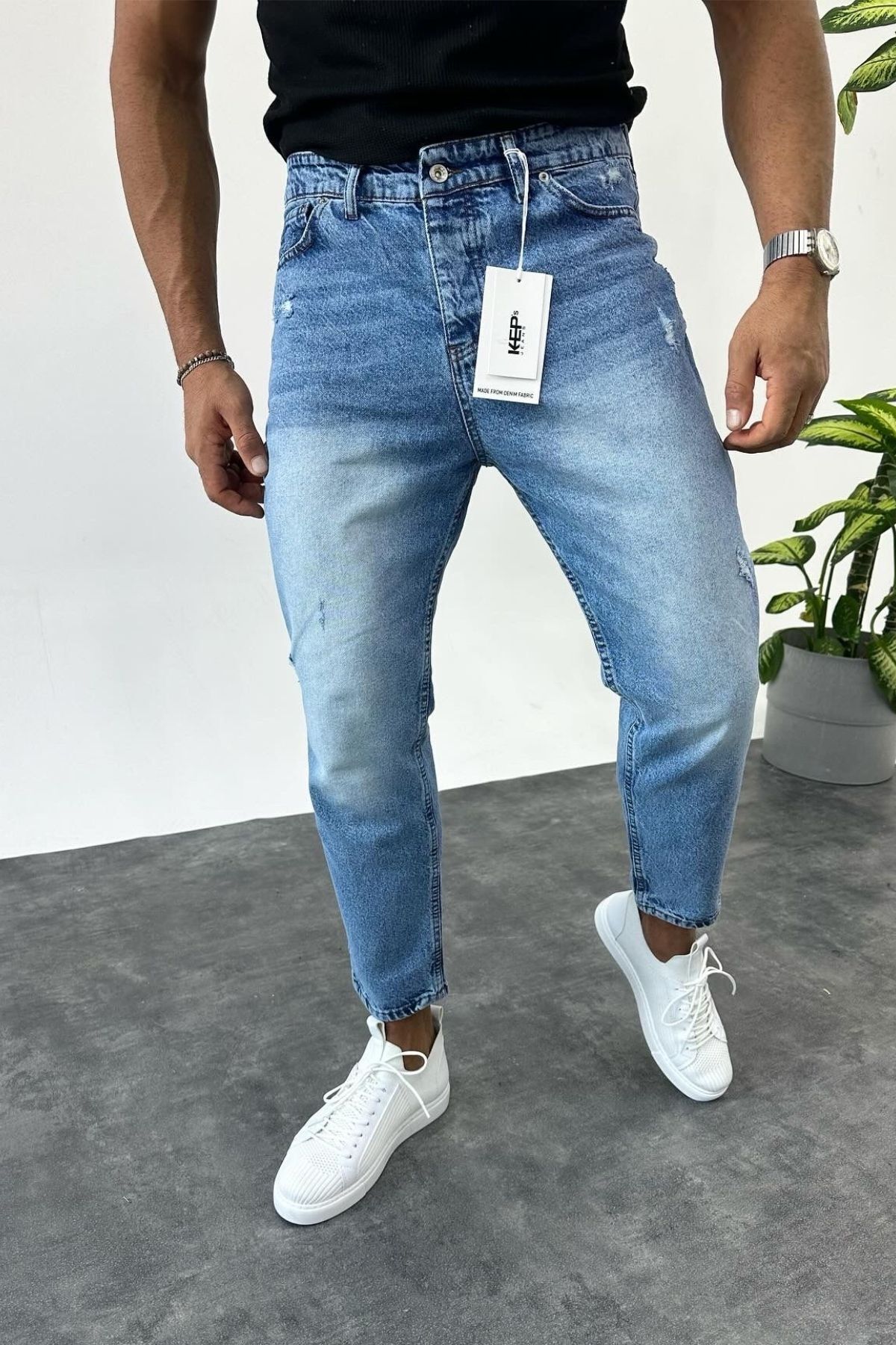 MADZEYMODA-Férfi Boyfriend szakadt részletes kék Jean farmernadrág 2