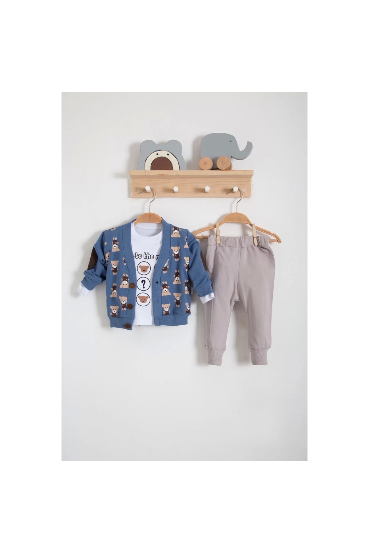 Cardigan Bear Pattern 3-Piece Baby Boy Set