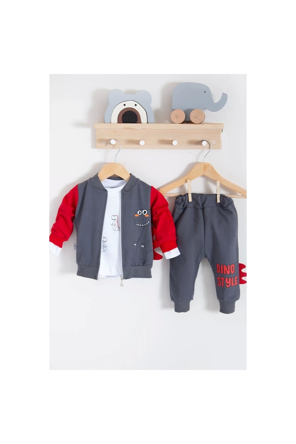 Dinosaur Patterned Cardigan 3-Piece Baby Boy Set