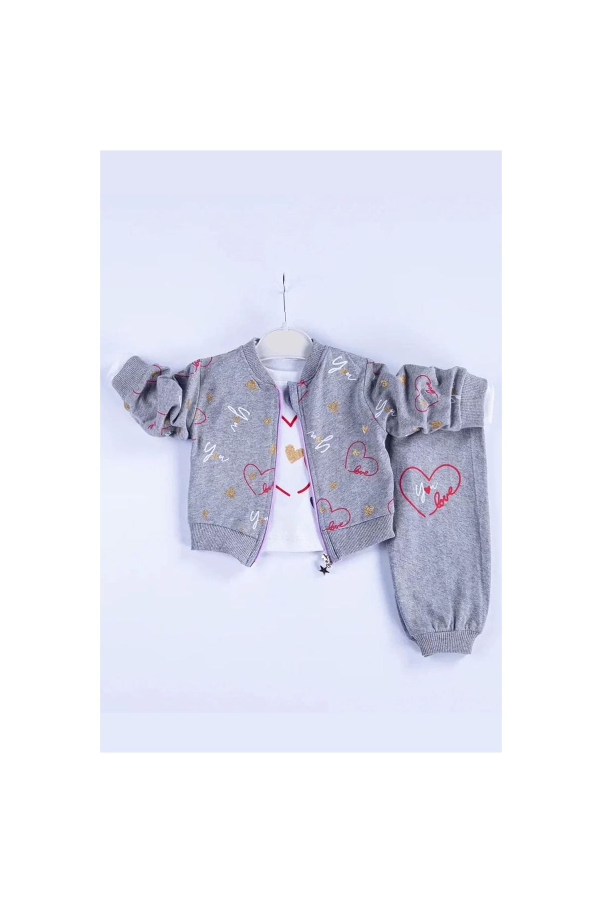Heart Patterned Cardigan Cotton 3-Piece Baby Girl Set