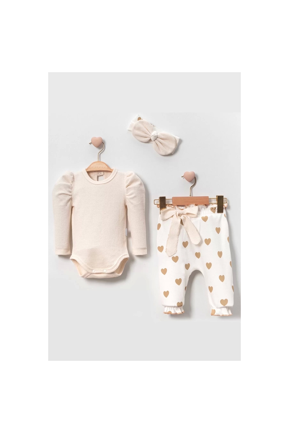 Heart Printed Bandana 3-Piece Luxury Waffle Baby Girl Set