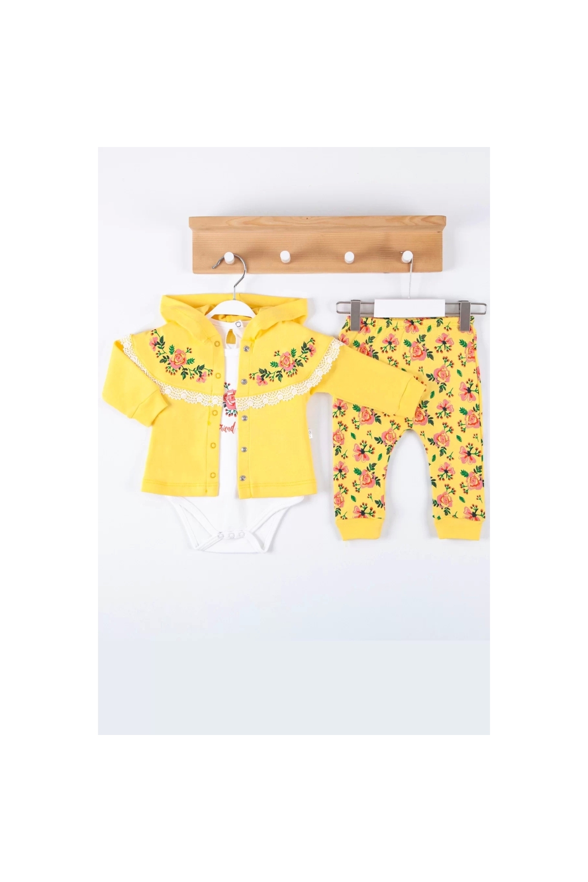 Flover Embroidered Cardigan 100% Cotton 3-Piece Girls Set