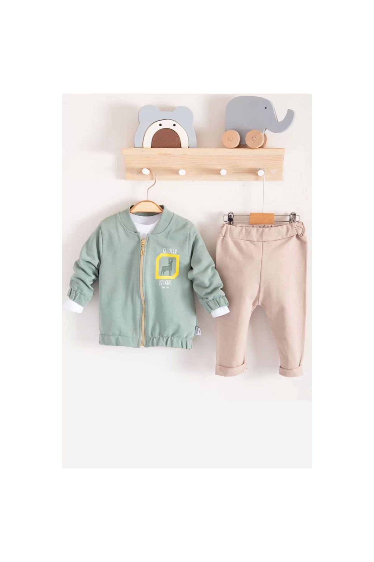 Deer Patterned Cardigan 3-Piece Baby Boy Set